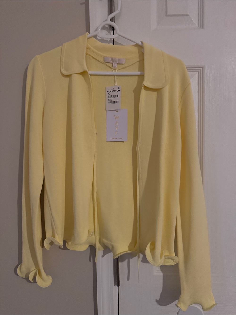 Wayf Soft Lemon Open-Front Cardigan with Scallop Trim